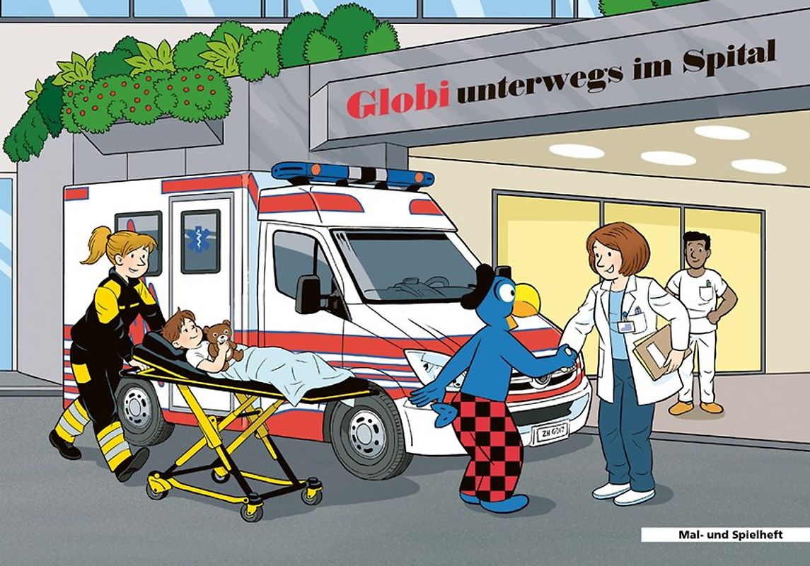 Globi Malheft unterwegs im Spital
