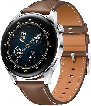 Huawei Watch 3 46 mm Boîtier acier inoxydable argent Bracelet cuir marron [Wi-Fi + 4G, Classic Edition]