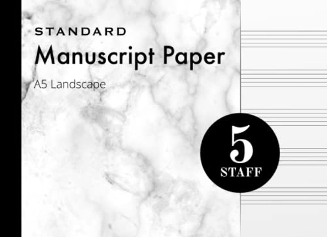 Music Manuscript Paper A5 Landscape: White Marble Look Cover | Notebook | Journal | Composition Book