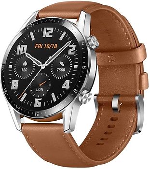 Huawei Watch GT 2 46 mm argent et bracelet cuir pepple brown