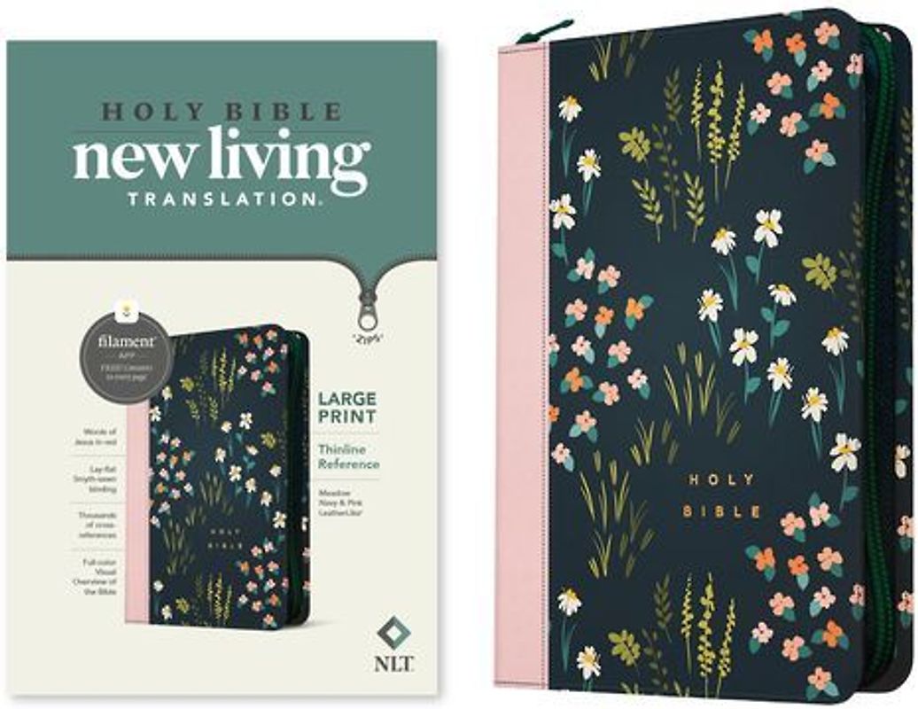 NLT Large Print Thinline Reference Zipper Bible, Filament Enabled (Leatherlike, Meadow Navy & Pink, Red Letter)