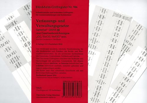 Sartorius 1  ohne §§, Griffregister Nr. 986, alle Gesetzesbezeichnungen OHNE Paragrafen-Nrn., 153 selbstklebende und bedruckte Griffregister für die  Verfassungs- und Verwaltungsgesetze