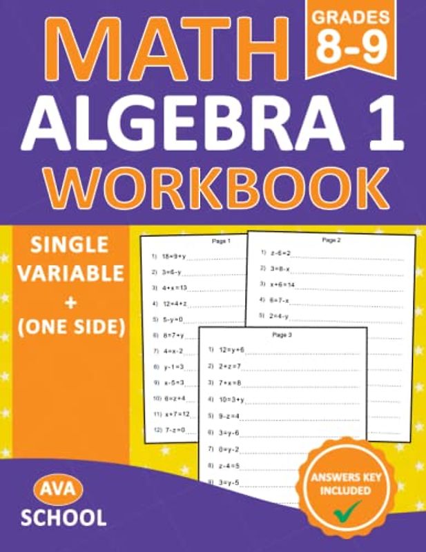 Math Algebra 1 Workbook Grades 8-9 Single Variable (One side) With Answers: Algebra 1 Review and Practice Book for 8th Grade and 9th Grade With More ... | Algebra 1 Essentials Practice Workbook
