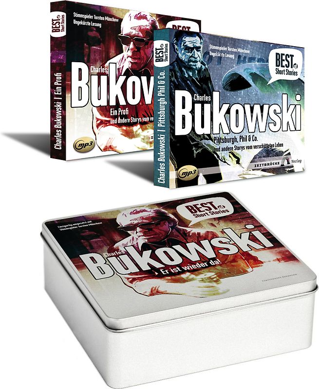 Charles Bukowski – Exklusive Geschenkbox mit 27 Short Stories. bestehend aus den mp3-Hörbüchern „Ein Profi – Stories vom verschütteten Leben” und „Pittsburgh Phil & Co. – Stories vom verschütteten Leben”