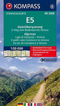 KOMPASS Wander-Tourenkarte Europäischer Fernwanderweg E5 Alpenüberquerung vom Bodensee bis Verona 1:50.000