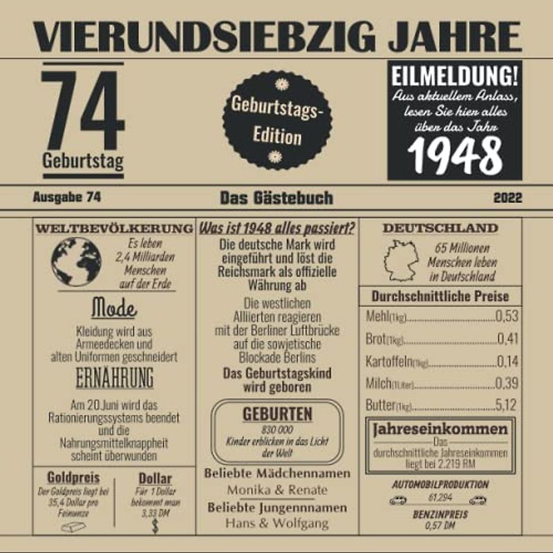 Vierundsiebzig Jahre Das Gästebuch: Zum 74 Geburtstag / Geburtsjahr 1948 / Zeitung Design Mit Ereignissen Im Jahre 48 / Geschenk Und Geburtstagsdeko / Platz Für Glückwünsche Und Fotos