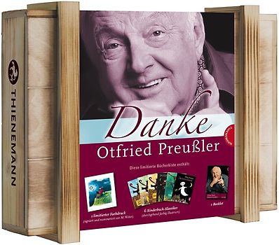 Limitierte Holzkiste Danke Otfried Preußler, 6 kolorierte Bücher im großen Format plus 1 von M. Weber handsignierter + nummerierter Druck plus 1 Booklet über OP