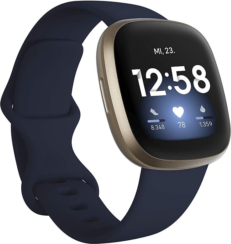 Fitbit Versa 3 40 mm or pâle et bracelet en silicone bleu nuit [Wi-Fi]