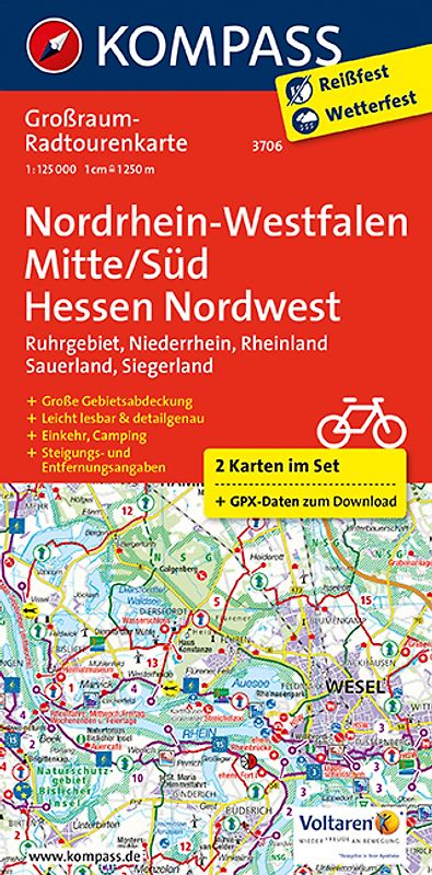 KOMPASS Großraum-Radtourenkarte 3706 Nordrhein-Westfalen Mitte/Süd, Hessen Nordwest, 1:125.000