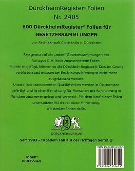 600 DürckheimRegister®-FOLIEN für STEUERGESETZE u.a; zum Einheften und Unterteilen der Gesetzessammlungen