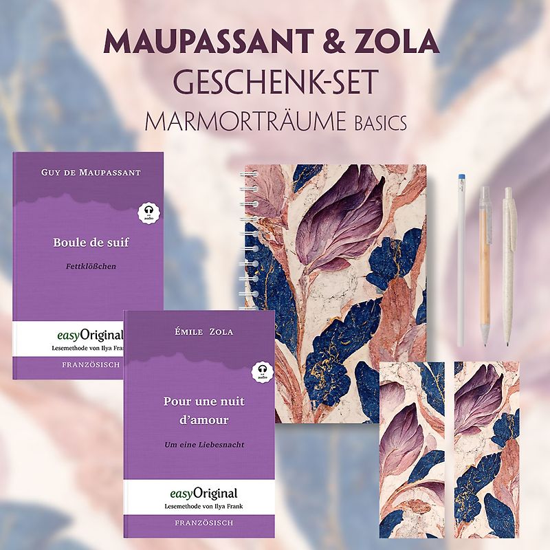 Guy de Maupassant & Émile Zola Geschenkset - 2 Bücher (mit Audio-Online) + Marmorträume Schreibset Basics