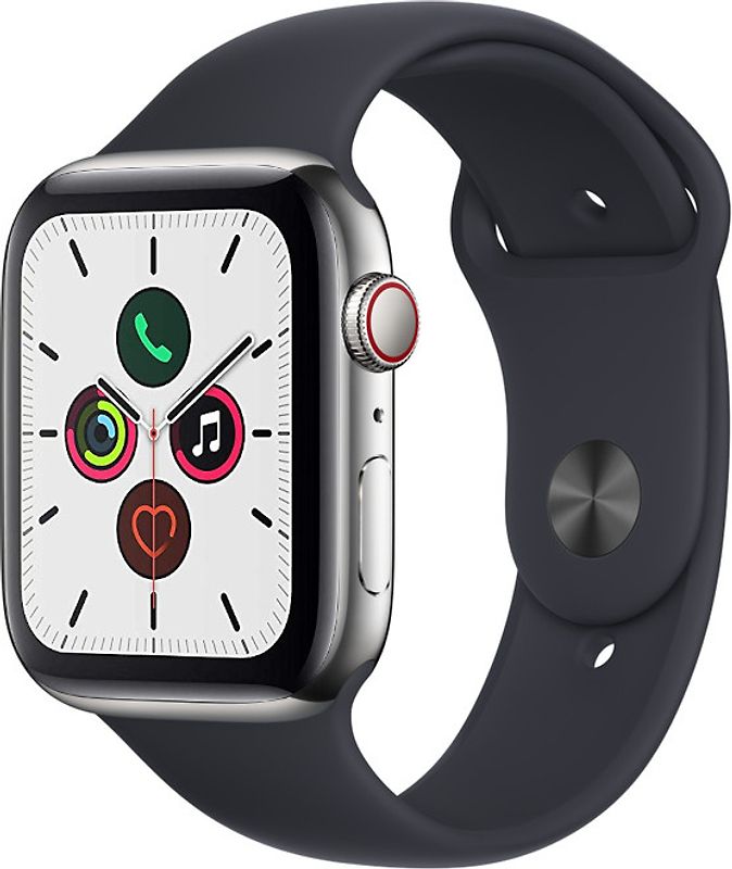 Apple Watch Series 5 44 mm Boîtier acier inoxydable argent Bracelet Sport noir [Wi-Fi + Cellulaire]