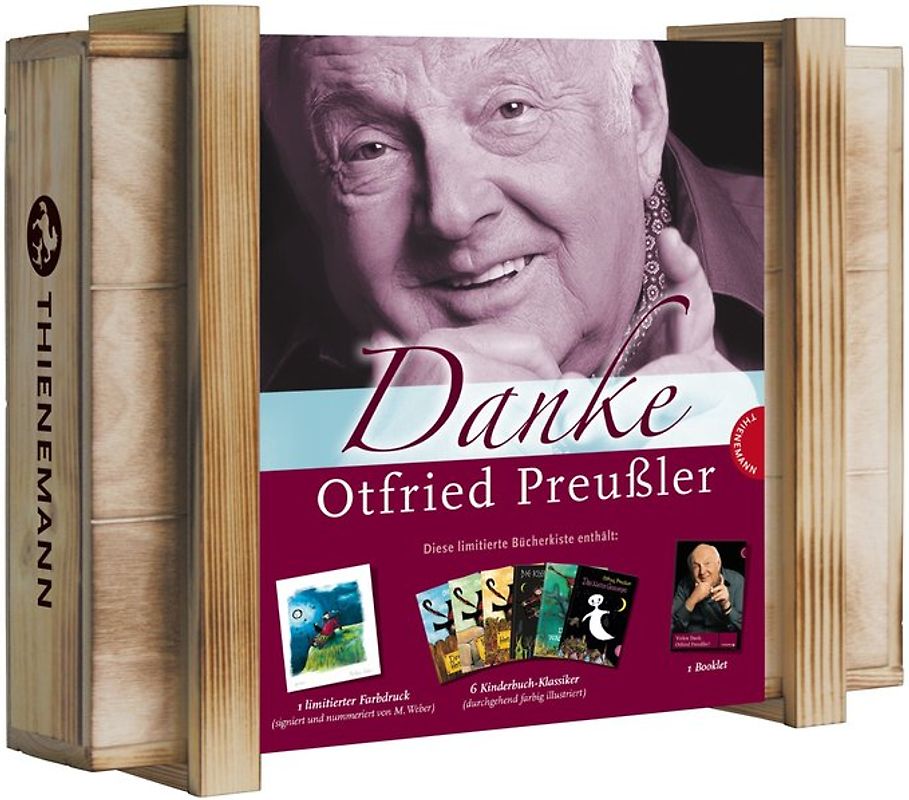 Limitierte Holzkiste Danke Otfried Preußler, 6 kolorierte Bücher im großen Format plus 1 von M. Weber handsignierter + nummerierter Druck plus 1 Booklet über OP