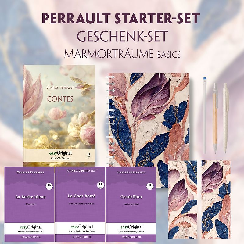 Charles Perrault Starter-Paket Geschenkset - 4 Bücher (mit Audio-Online) + Marmorträume Schreibset Basics