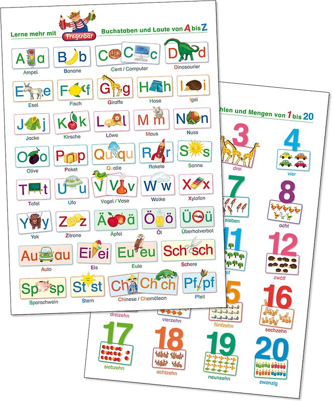 2 Fragenbär-Lernposter: Buchstaben und Laute von A bis Z + Zahlen und Mengen von 1 bis 20, L 70 x 100 cm. Gerollt, matt folienbeschichtet, abwischbar