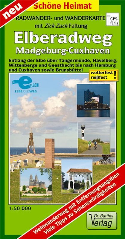 Radwander- und Wanderkarte mit Zick‑Zack‑Faltung Elberadweg, Magdeburg-Cuxhaven