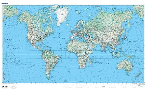 Weltkarte physikalisch 1:50 Mio. Poster Plano gerollt in Röhre 87,5 x 51 cm