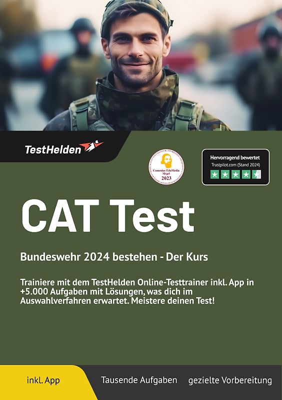 CAT Test Bundeswehr bestehen: Online Testtrainer | Trainiere mit dem TestHelden Online-Testtrainer inkl. App in +5.000 Aufgaben mit Lösungen, was dich im Auswahlverfahren erwartet und meistere deinen Test
