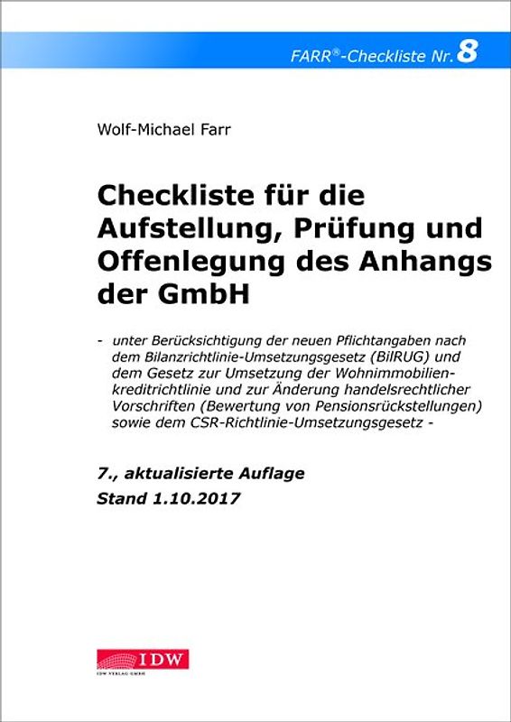 Checkliste 8 für die Aufstellung, Prüfung und Offenlegung des Anhangs der GmbH