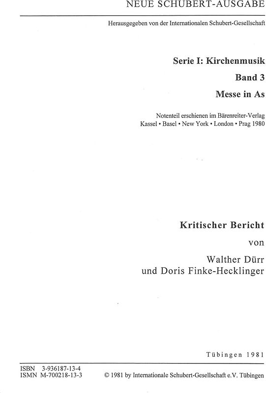 Neue Schubert-Ausgabe. Kritische Berichte / Kirchenmusik / Messe in As