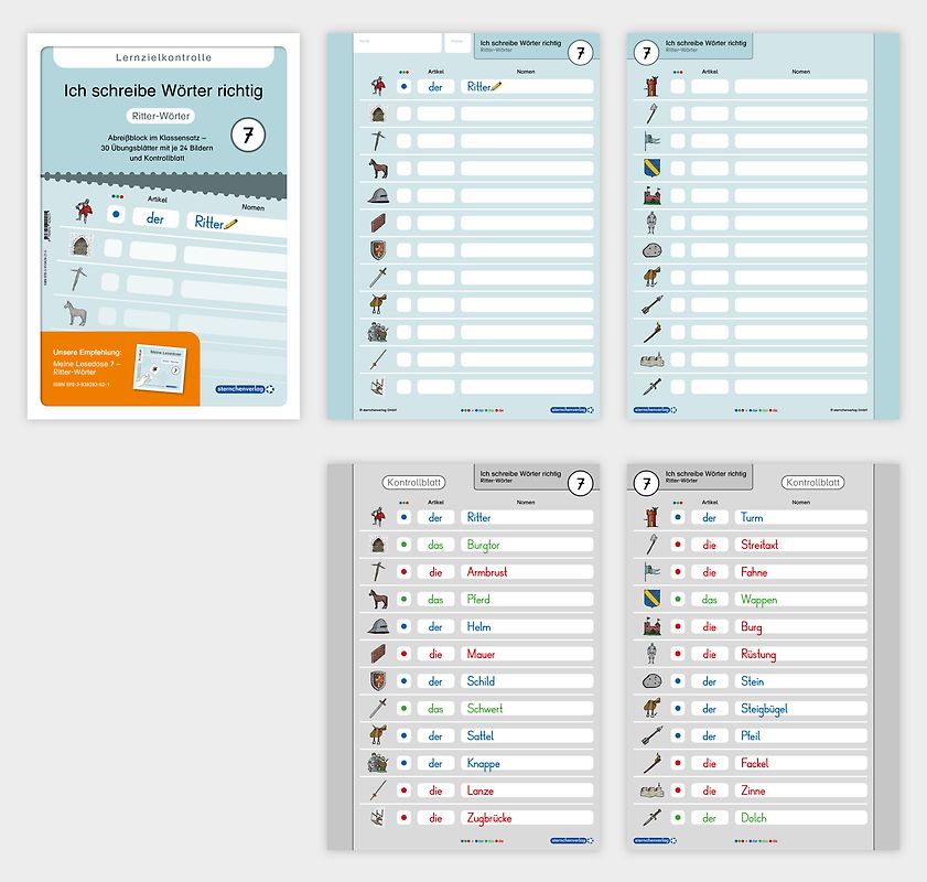 Ich schreibe Wörter richtig - Abreißblock 7 - Lernzielkontrolle - Ritter-Wörter