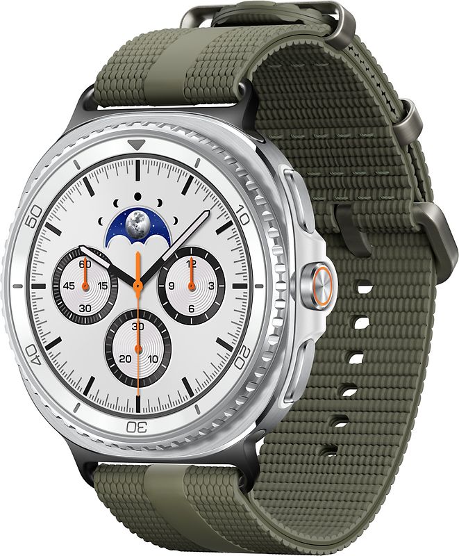 Samsung Galaxy Watch8 Classic 46 mm Boîtier aluminium blanc sur Sport Chic M/L kaki [Wi-Fi]