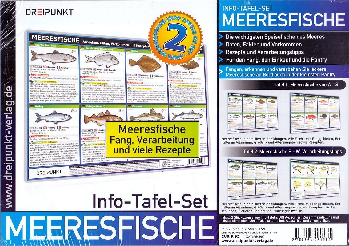 Info-Tafel-Set Meeresfische. Aussehen, Daten, Vorkommen und Rezepte für die Zubereitung an Bord.