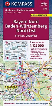 KOMPASS Großraum-Radtourenkarte 3710 Bayern Nord, Baden-Württemberg Nord/Ost 1:125.000