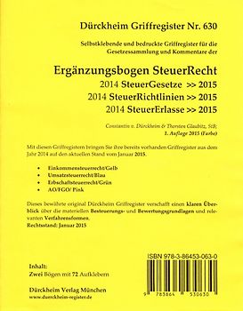 SteuerRecht (Ergänzungsbögen 2014>>2015): 72 bedruckte Griffregister für die SteuerErlasse