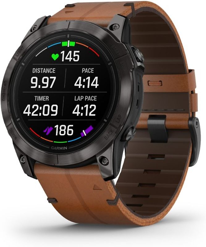 Garmin Epix Pro (Gen 2) 51 mm noir/gris carbone Titan DLC avec bracelet en cuir QuickFit marron [Wi-Fi, Sapphire Edition]