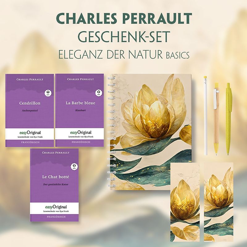 Charles Perrault Geschenkset - 3 Bücher (mit Audio-Online) + Eleganz der Natur Schreibset Basics