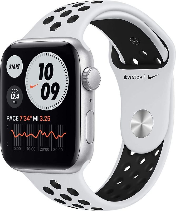 Apple Watch Nike SE 44 mm boîter aluminium argent et bracelet sport Nike pure platinum/noir [Wi-Fi]