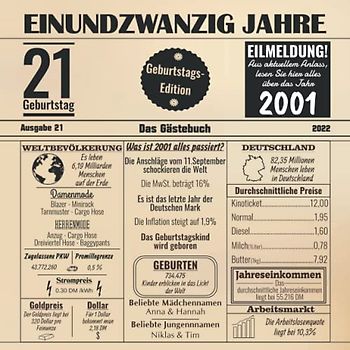 Einundzwanzig Jahre Das Gästebuch: Zum 21 Geburtstag / Geburtsjahr 2001 / Zeitung Design Mit Ereignissen Im Jahre 01 / Geschenk Und Geburtstagsdeko / Platz Für Glückwünsche Und Fotos