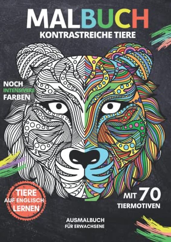 MALBUCH "Kontrastreiche Tiere" | mit 70 Tiermotiven | für Erwachsene: Ausmalblock, Ausmalbuch mit Tier-Mandalas | A4 Format | Schwarzer Hintergrund für intensive Farben