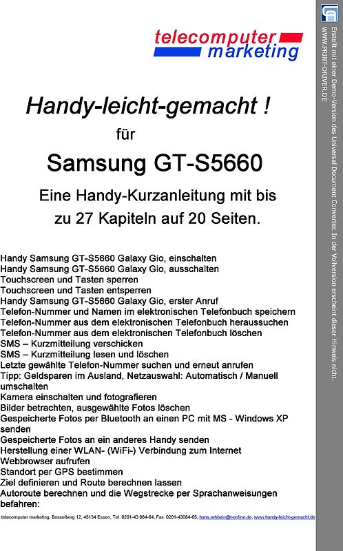 SAMSUNG GT-S5660 Galaxy Gio leicht-gemacht. Handy-leicht-gemacht für SAMSUNG GT-S5660 Galaxy Gio