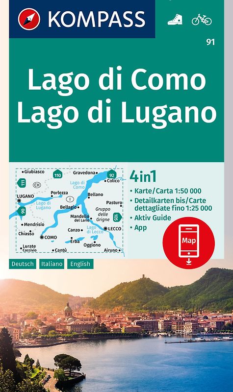KOMPASS Wanderkarte 91 Lago di Como, Lago di Lugano 1:50.000