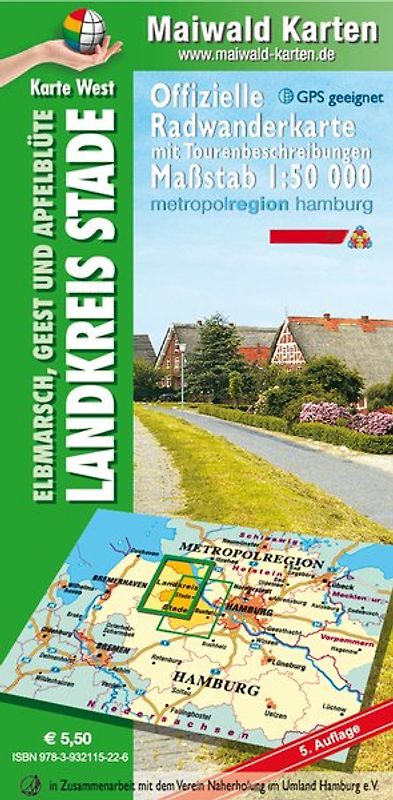 Stade West = Offizielle Radwanderkarte - Landkreis Stade - Elbmarsch, Geest und Apfelblüte - Karte West - mit Tourenbeschreibungen auf der Rückseite