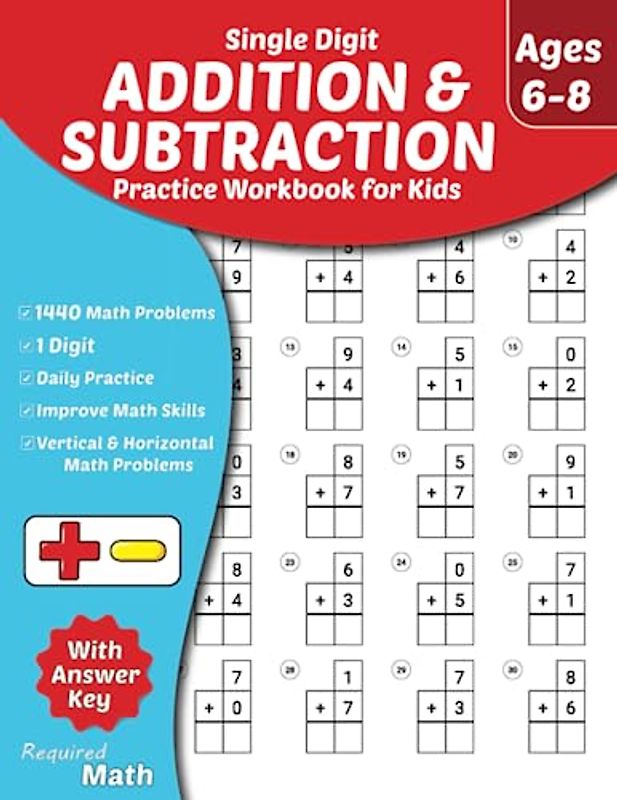 Required Math - Single Digit Addition and Subtraction Practice Workbook for Kids Ages 6-8: Educational Mathematics Worksheets for Daily Practice with Answer Key, 1st & 2nd-Grade, 1440 Math Problems