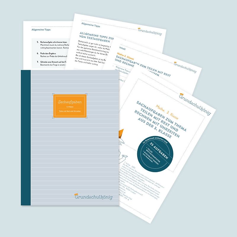 Aufgabensammlung: Sachaufgaben für die 3. Klasse - Teilen mit Rest und Rechnen mit Uhrzeiten