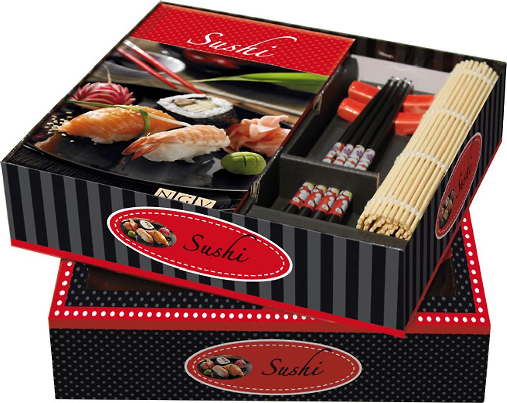Buch-Box Sushi. Rezeptbuch + 2 Stäbchen, 2 Stäbchen-Halter, 1 Sushimatte