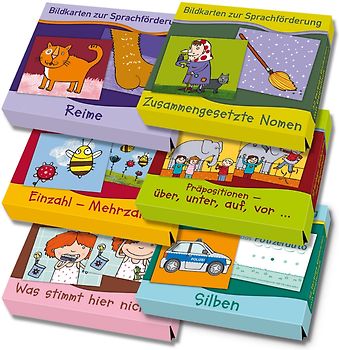Großes Paket: Bildkarten zur Sprachförderung enthält die Bildkartensets „Reime“, „Zusammengesetzte Nomen“, „Einzahl-Mehrzahl“, „Präpositionen“, „Was stimmt hier nicht?“ und "Silben"