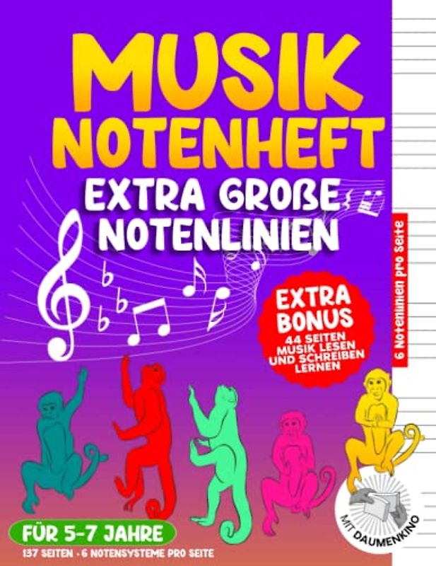 Notenheft für Kinder und Anfänger. 44 Seiten EXTRA BONUS. Noten lesen und schreiben lernen: Notenheft – Extra große Notenlinien: für Kinder und ... Notenpapier | Großer Spiele- und Aufgabenteil