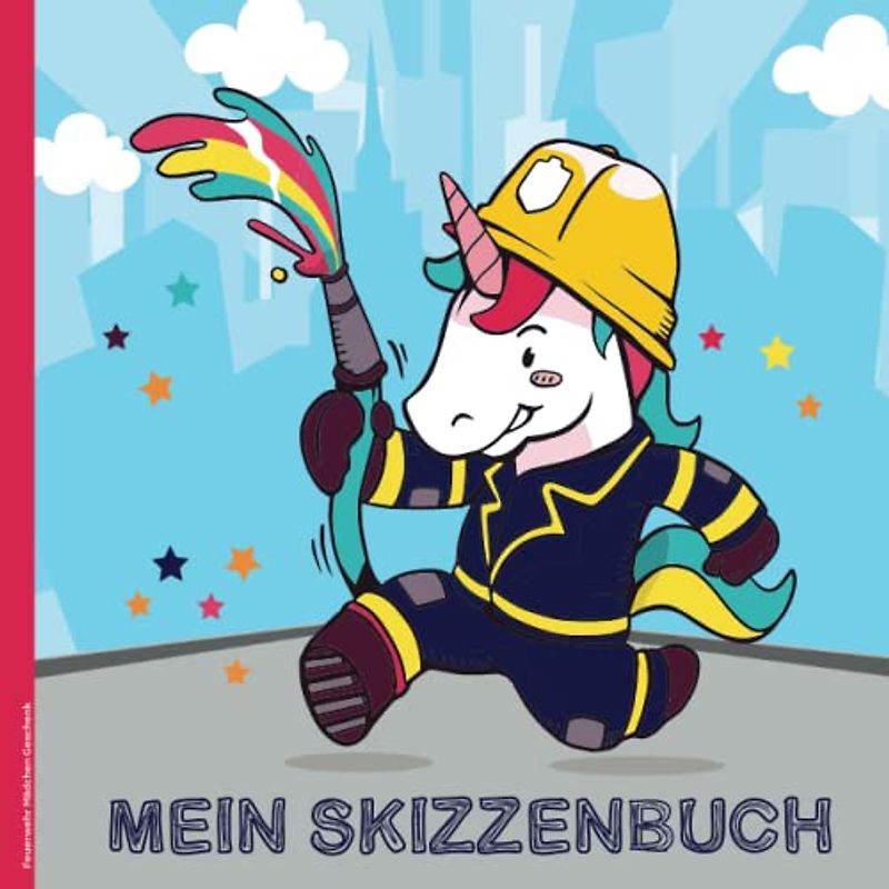Feuerwehr Mädchen Geschenk: Leeres Skizzenbuch für die kleine Feuerwehrfrau im niedlichen Feuerwehr Design mit Dino das Skizzen Buch A4 für kreative Ideen ein Zeichenbuch zum Malen und Skizzieren