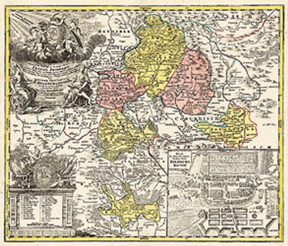 Historische Karte: Fürstentums Hildburghausen mit den Ämtern Eisfeld, Hildburghausen, Schalkau, Sonnenfeld, Heldburg, Königsberg, Amt Römhild und Amt Sesslach - 1729 (Plano)
