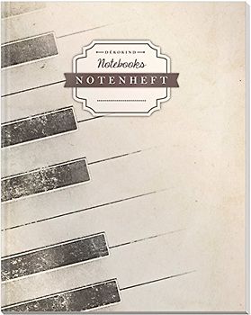 DÉKOKIND Notenheft | DIN A4, 64 Seiten, 12 Notensysteme pro Seite, Inhaltsverzeichnis, Vintage Softcover | Dickes Notenbuch | Motiv: Klavierspieler