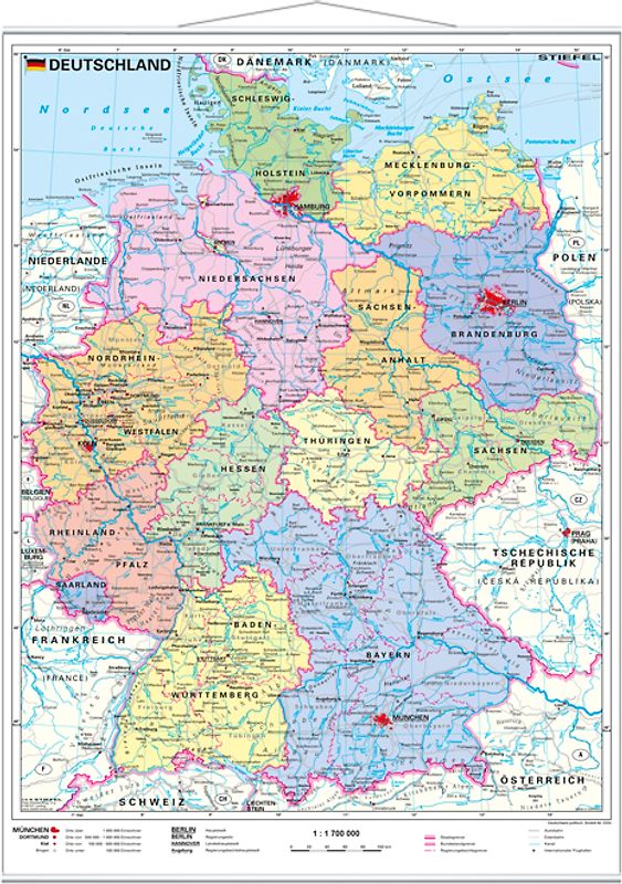 Deutschland politisch. Wandkarte mit Metallleiste