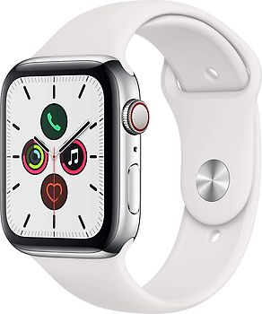 Apple Watch Series 5 44 mm roestvrij stalen kast zilver op sportbandje wit [wifi + cellular]