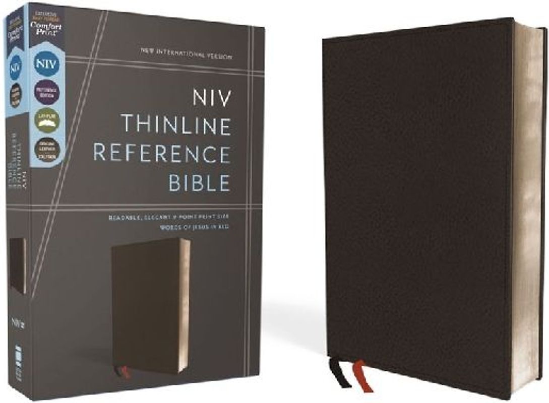 Niv, Thinline Reference Bible (Deep Study at a Portable Size), Genuine Leather, Calfskin, Black, Red Letter, Comfort Print