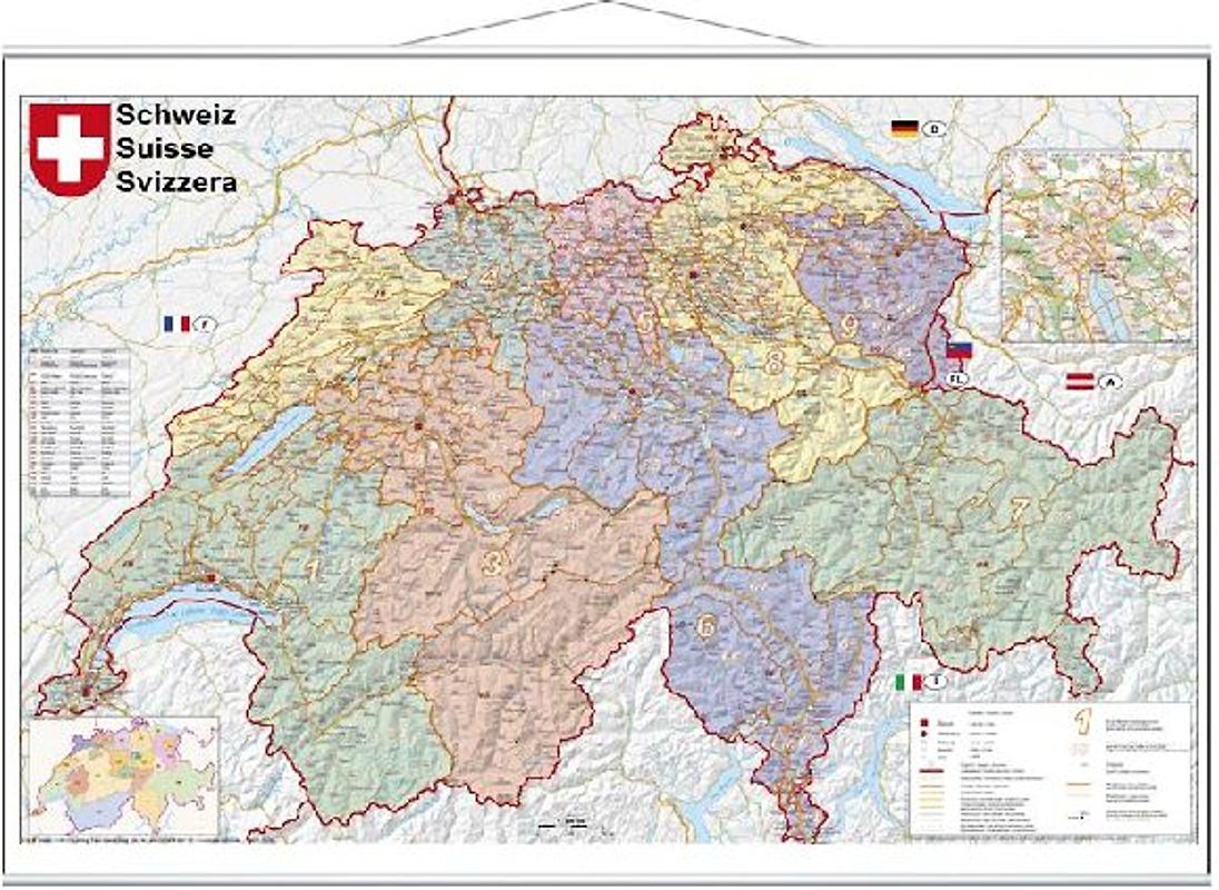 Schweiz Postleitzahlen 1 : 400 000. Wandkarte laminiert mit Metallbeleitung