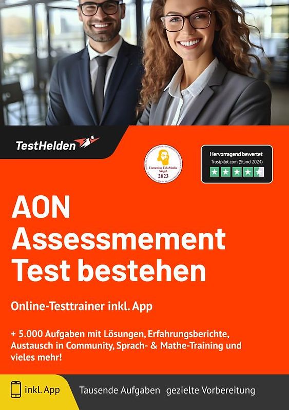AON Assessmement Test bestehen: Online-Testtrainer inkl. App | + 5.000 Aufgaben mit Lösungen, Erfahrungsberichte, Austausch in Community, Sprach- & Mathe-Training und vieles mehr!